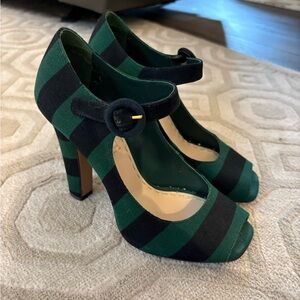 Prada Milano Green & Black Striped Mary Jane Peep Toe Heels | Size 37 | Italy
